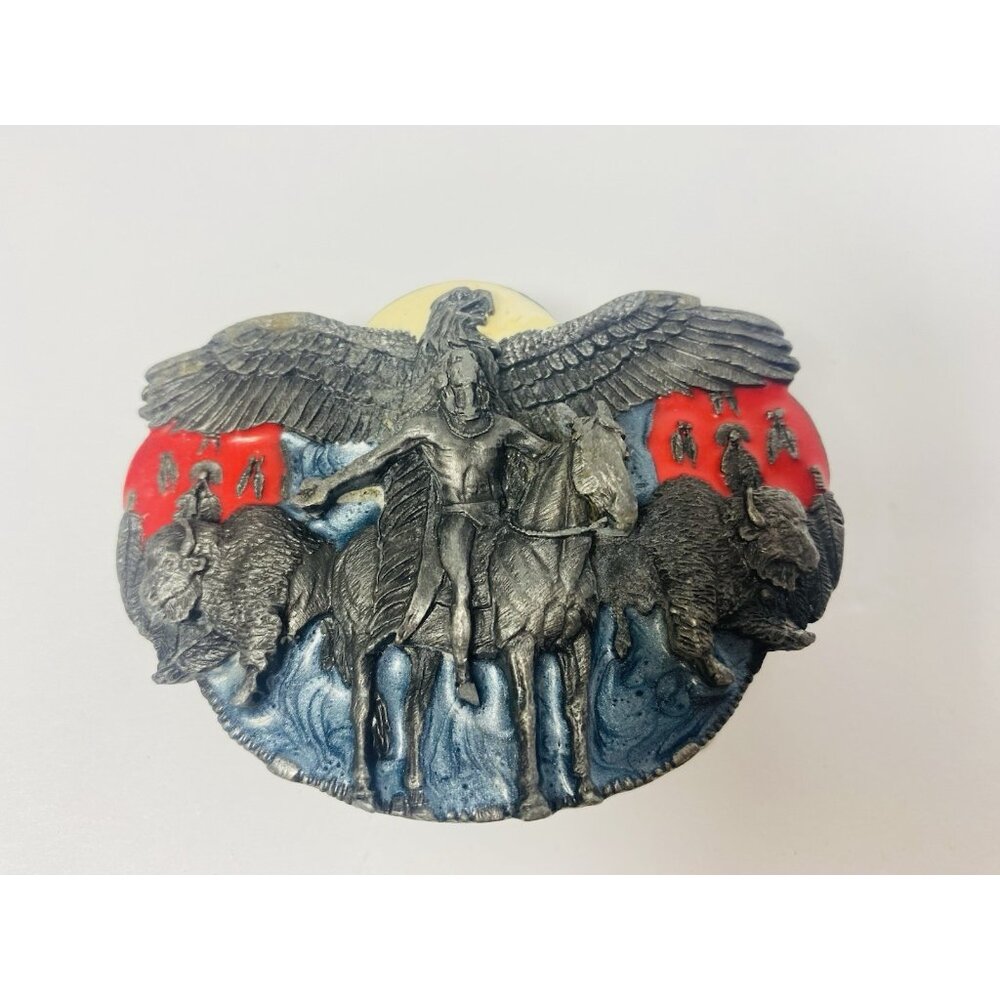 1988 Siskiyou Buckle Co. Native American Eagle Horse Buffalo Belt Buckle Pewter
